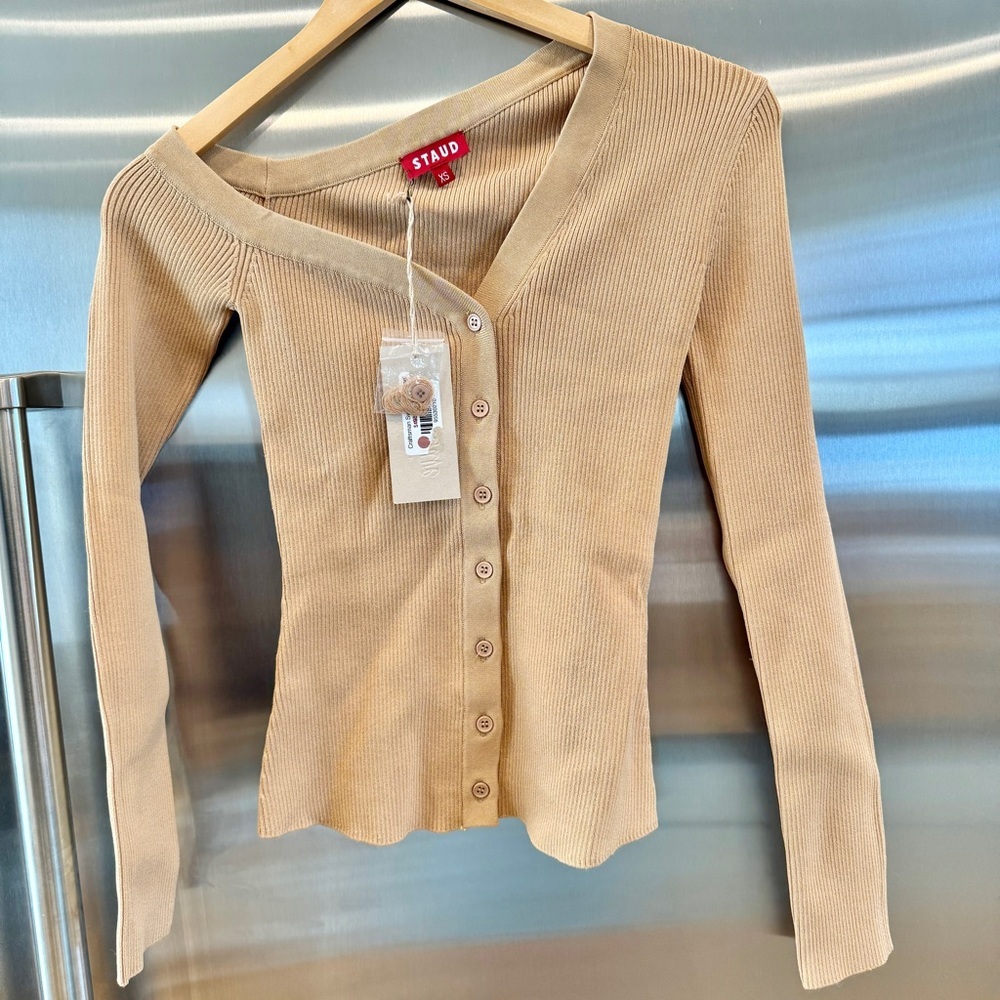 NWT Staud Craftsman Sweater Camel Tan Beige Off Shoulder camel Carmel button up - Picture 3 of 15
